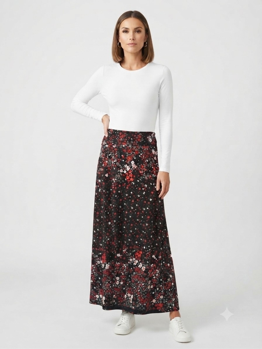 Floral Maxi Skirt - Black with Red Floral Up To 3XL